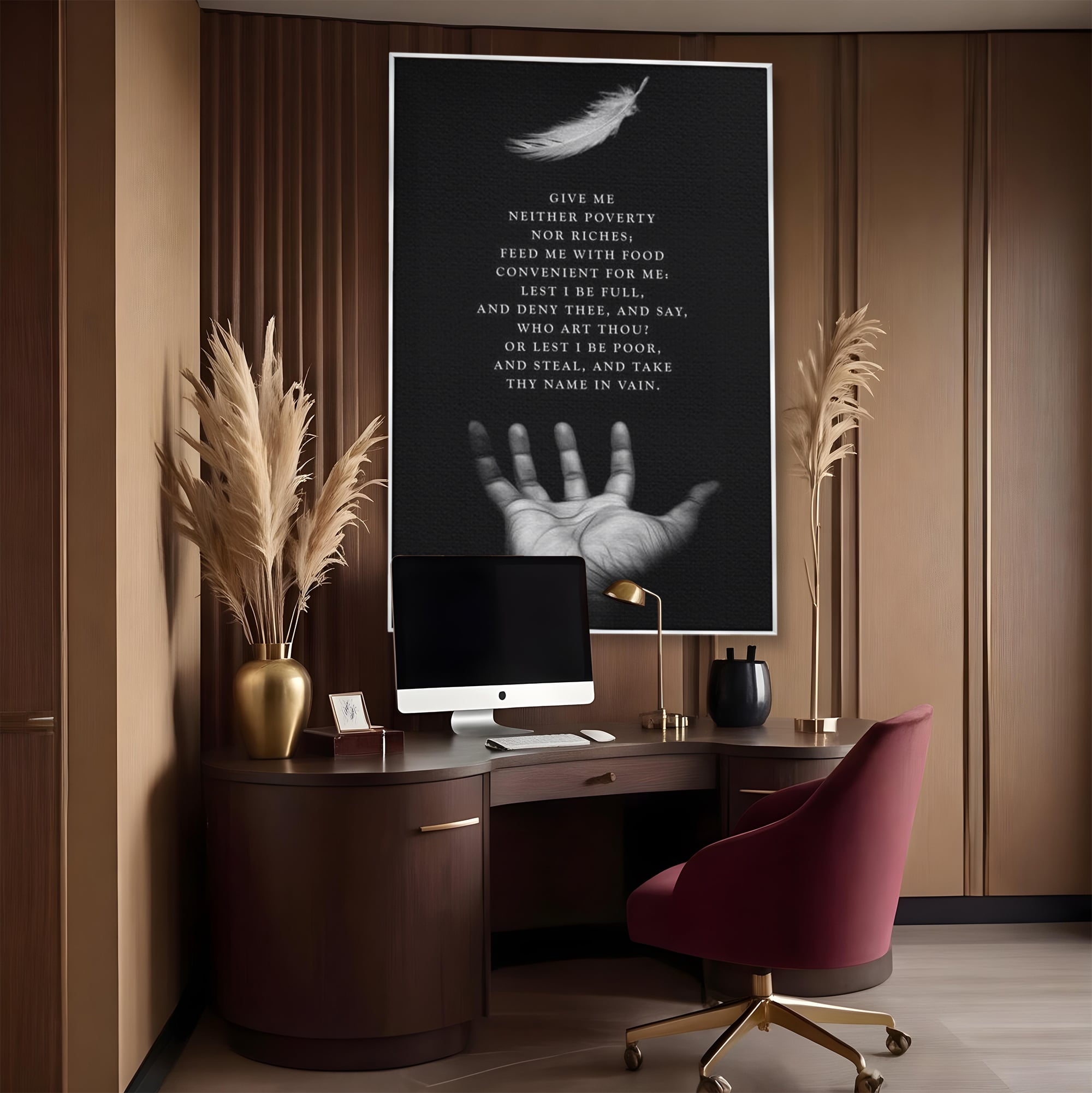 Tablou canvas cu tablou canvas cu pana si palma, in rama de aluminiu argintiu, pe perete intr-un birou